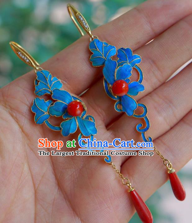 Chinese Ancient Empress Agate Ear Accessories Traditional Qing Dynasty Cloisonne Earrings Jewelry
