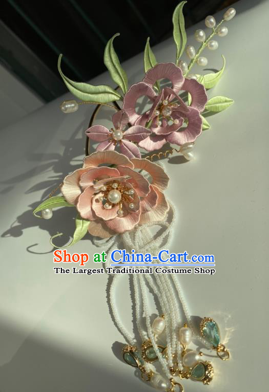 China Ancient Empress Pink Silk Peony Hair Stick Traditional Qing Dynasty Palace Lady Beads Tassel Hairpin
