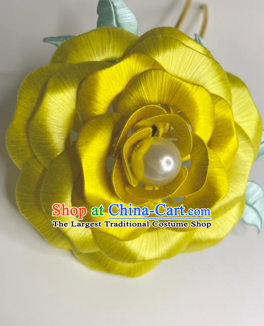 China Ancient Empress Yellow Silk Rose Hair Stick Traditional Qing Dynasty Palace Lady Hairpin