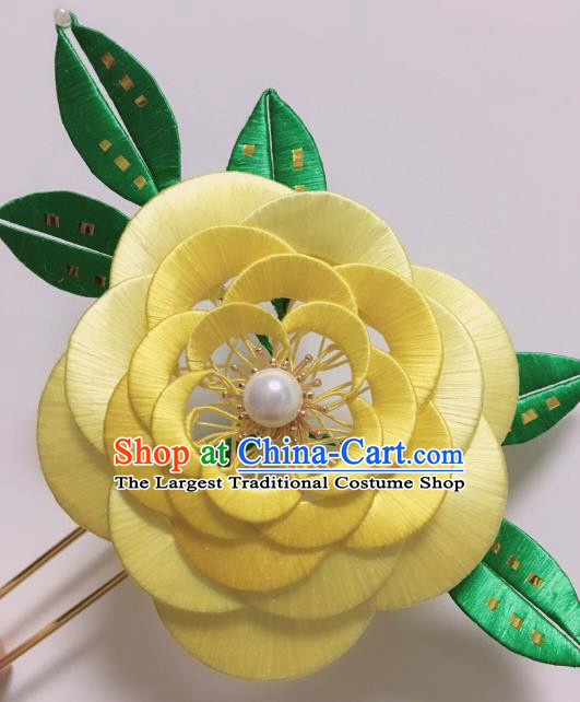China Ancient Imperial Consort Hair Stick Traditional Song Dynasty Yellow Silk Camellia Hairpin