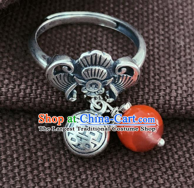 Chinese Handmade Ethnic Agate Ring National Wedding Silver Carving Bat Circlet Jewelry