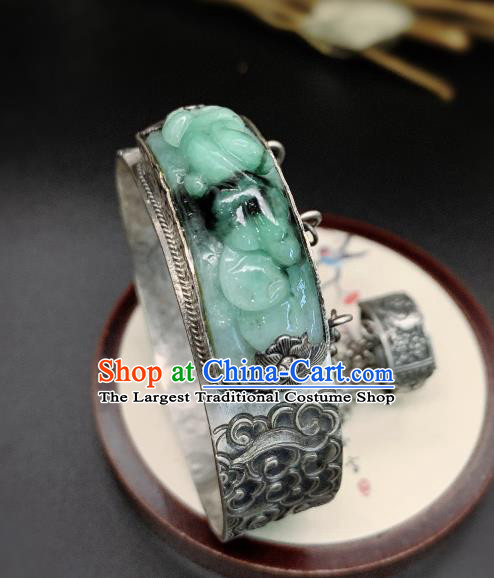 Handmade Chinese Silver Carving Bangle Accessories National Jadeite Bracelet