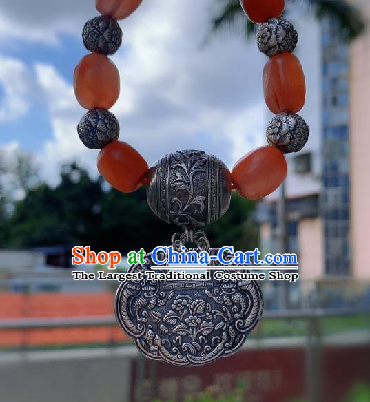 Handmade Chinese Wedding Silver Lock Bracelet National Agate Beads Wristlet Accessories