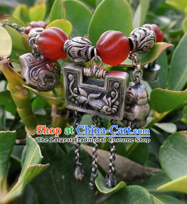 Handmade Chinese Silver Carving Bracelet National Agate Wristlet Wedding Accessories