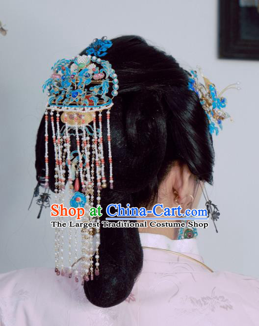Chinese Traditional Hair Jewelry Blueing Hairpin Ancient Ming Dynasty Empress Pearls Tassel Hair Comb