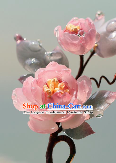 China Hanfu Pink Rose Hair Stick Classical Hair Accessories Traditional Ming Dynasty Princess Flowers Hairpin