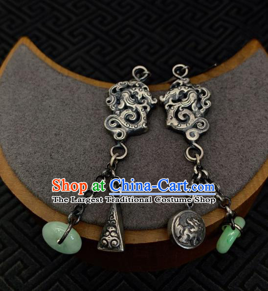 China Traditional Silver Dragon Ear Accessories National Cheongsam Jade Peace Buckle Earrings Jewelry