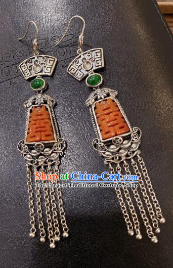China Classical Silver Tassel Earrings Traditional Handmade Wedding Agate Ear Accessories