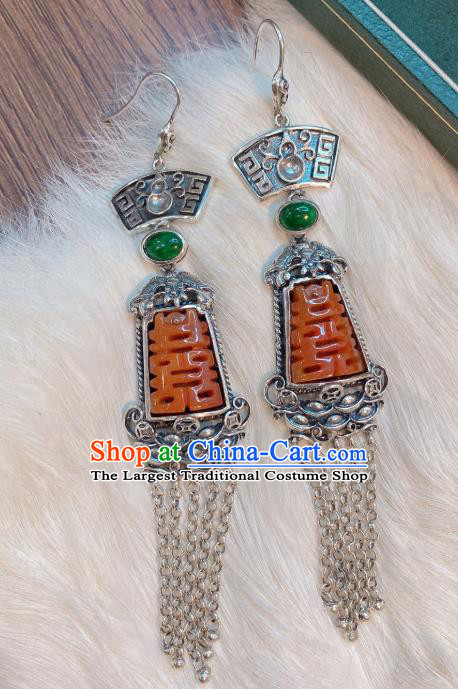 China Classical Silver Tassel Earrings Traditional Handmade Wedding Agate Ear Accessories