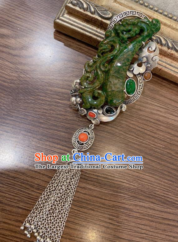 Handmade Chinese Traditional Silver Tassel Necklet Accessories National Jadeite Necklace Pendant