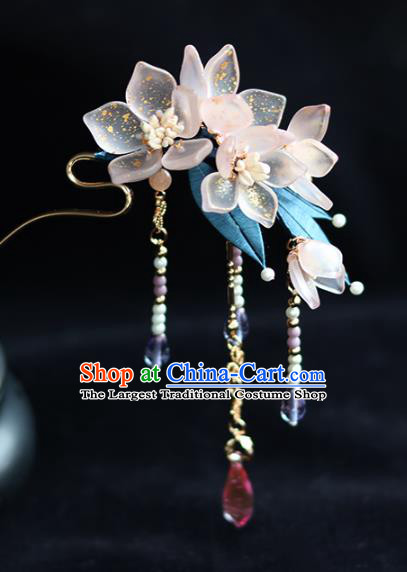 China Traditional Ming Dynasty Tassel Hairpin Classical Pink Flowers Hair Stick