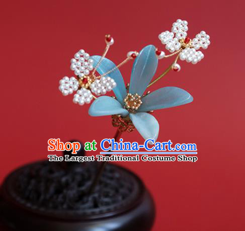China Classical Hanfu Beads Butterfly Hair Stick Traditional Ming Dynasty Princess Blue Flower Hairpin