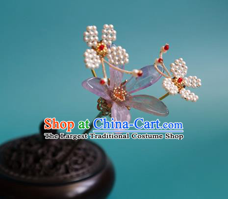 China Traditional Ming Dynasty Princess Lilac Flower Hairpin Classical Hanfu Beads Butterfly Hair Stick