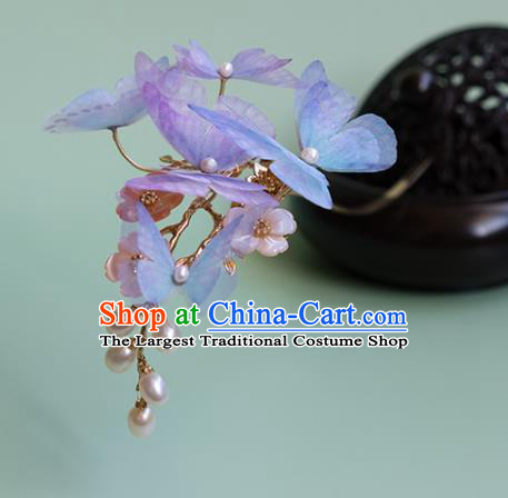 China Traditional Ming Dynasty Princess Hair Accessories Handmade Lilac Silk Butterfly Hairpin