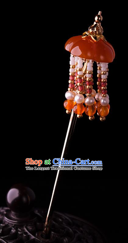 China Handmade Pearls Tassel Hairpin Traditional Ming Dynasty Princess Agate Hair Stick