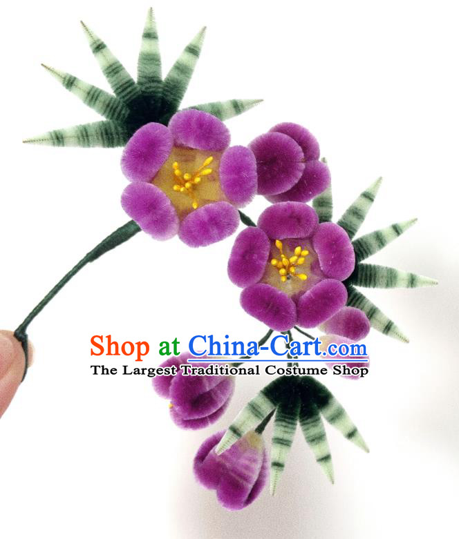 China Traditional Qing Dynasty Palace Plum Bamboo Hair Stick Classical Purple Velvet Hairpin
