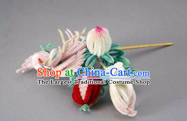 China Classical Velvet Pomegranate Hairpin Ancient Traditional Qing Dynasty Empress Hair Clip