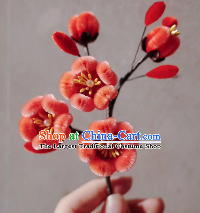 China Traditional Qing Dynasty Palace Lady Flower Hair Stick Classical Red Velvet Plum Blossom Hairpin