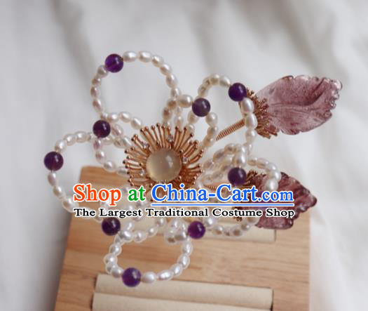China Ancient Princess Amethyst Hairpin Traditional Ming Dynasty Pearls Plum Hair Stick