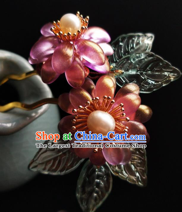 China Ancient Princess Hairpin Traditional Ming Dynasty Pink Chrysanthemum Hair Clip