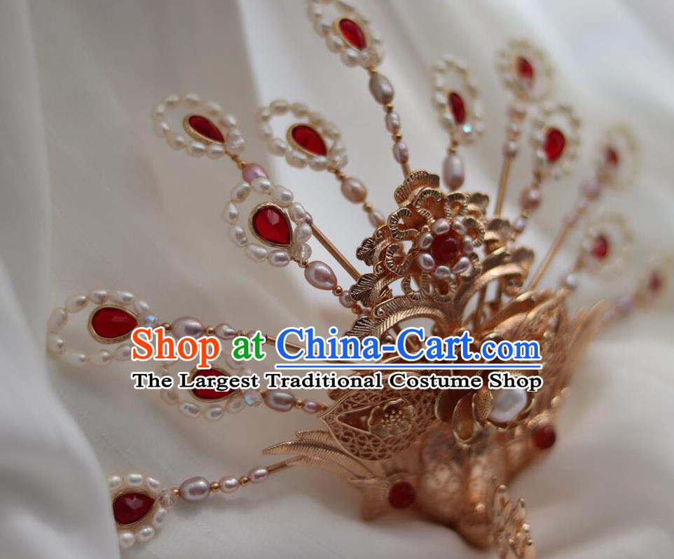 China Ancient Empress Pearls Hairpin Traditional Ming Dynasty Golden Phoenix Hair Crown