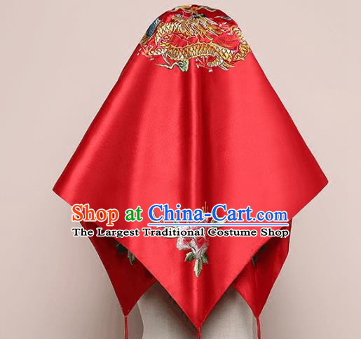 Chinese Traditional Embroidered Dragon Phoenix Red Satin Bridal Veil Classical Wedding Headdress
