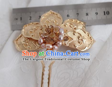China Ancient Empress Golden Feather Hairpin Traditional Ming Dynasty Pearls Hair Stick