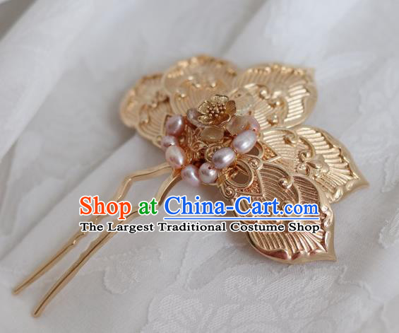 China Ancient Empress Golden Feather Hairpin Traditional Ming Dynasty Pearls Hair Stick