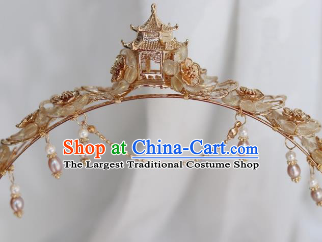 China Ancient Empress Golden Phoenix Coronet Traditional Ming Dynasty Pearls Tassel Hair Crown