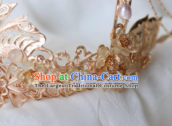 China Ancient Empress Golden Phoenix Coronet Traditional Ming Dynasty Pearls Tassel Hair Crown