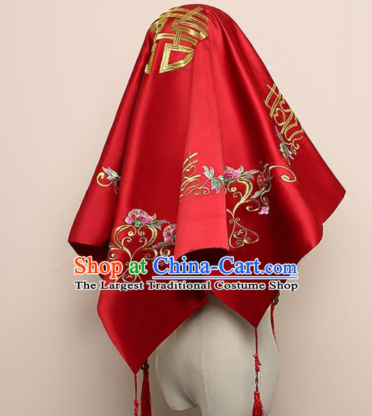 Chinese Classical Wedding Headdress Embroidered Red Satin Bridal Veil Traditional Xiuhe Suit Hair Accessories