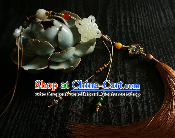 Chinese Classical Brown Tassel Jade Pendant Traditional Hanfu Waist Accessories