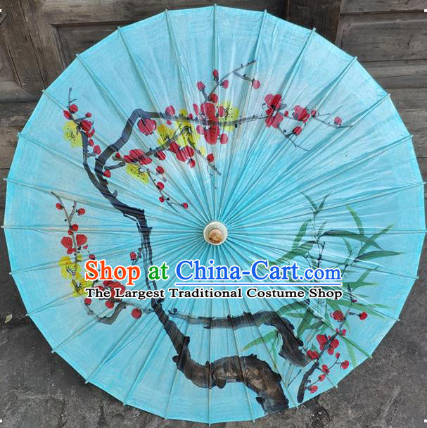 China Traditional Blue Oil Paper Umbrella Handmade Craft Classical Ink Painting Plum Bamboo Umbrellas