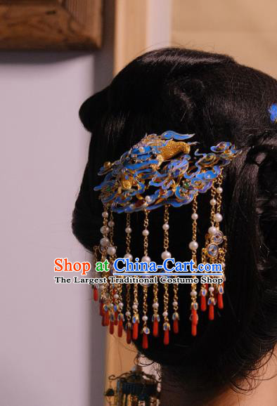 Chinese Traditional Blueing Lion Hair Jewelry Ancient Ming Dynasty Empress Tassel Hairpin Agate Accessories