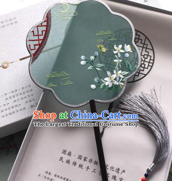 Chinese Traditional Suzhou Embroidered Flowers Palace Fan Classical Green Silk Fan Handmade Hanfu Fan