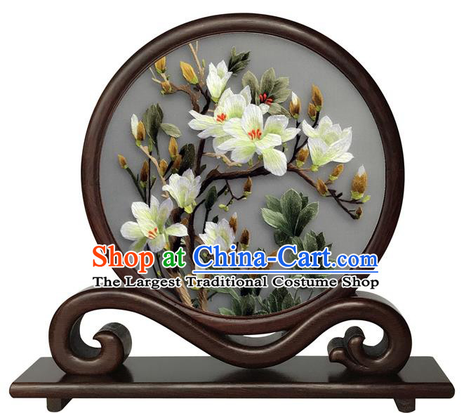 Chinese Rosewood Table Ornament Handmade Suzhou Embroidery Mangnolia Desk Screen