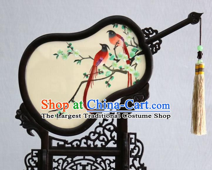 Chinese Traditional Embroidered Plum Bird Table Screen Handmade Rosewood Desk Ornaments