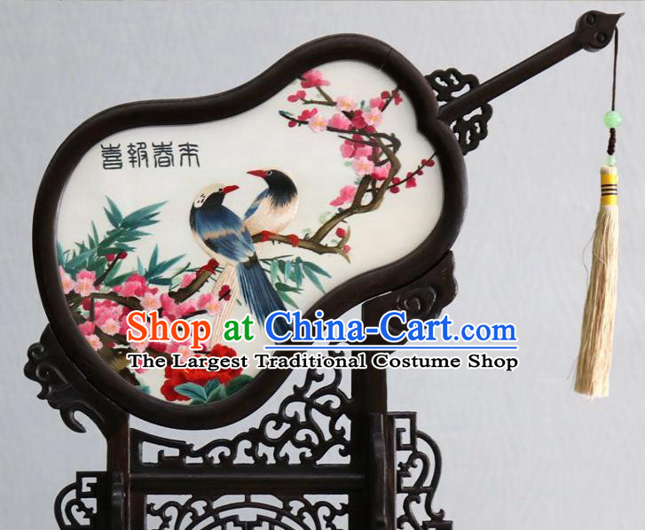 Chinese Traditional Embroidered Plum Bird Table Screen Handmade Rosewood Gourd Desk Ornaments