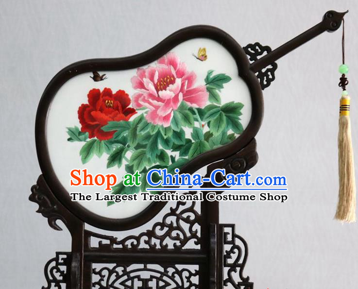 Chinese Traditional Suzhou Embroidered Peony Table Screen Handmade Rosewood Gourd Desk Decoration