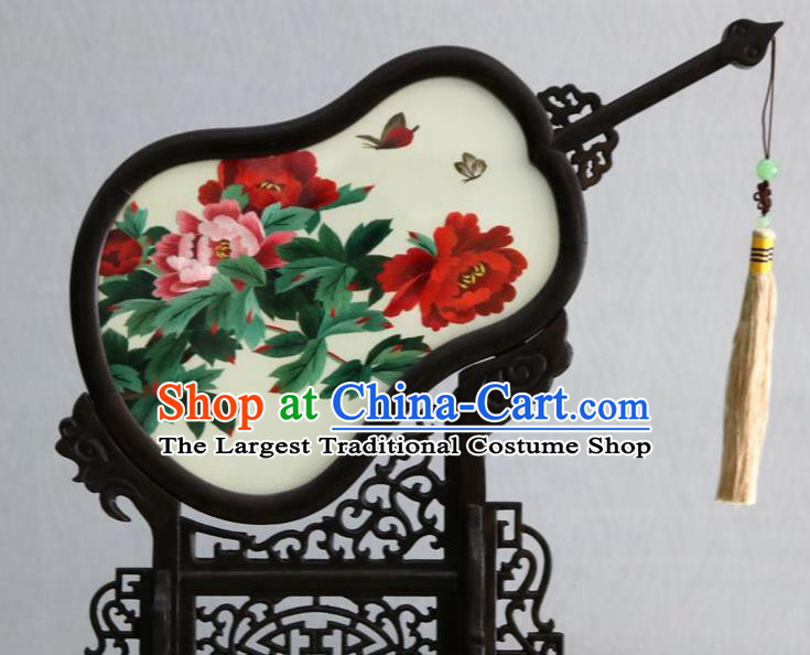 Chinese Handmade Rosewood Double Side Desk Decoration Traditional Suzhou Embroidered Peony Table Screen