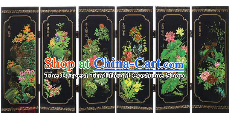 Chinese Traditional Flowers Birds Painting Folding Screen Handmade Lacquerware Black Table Screen