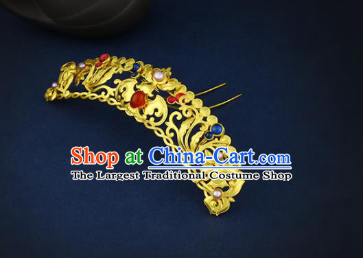 China Handmade Ming Dynasty Empress Golden Hairpin Traditional Ancient Queen Gems Hair Crown