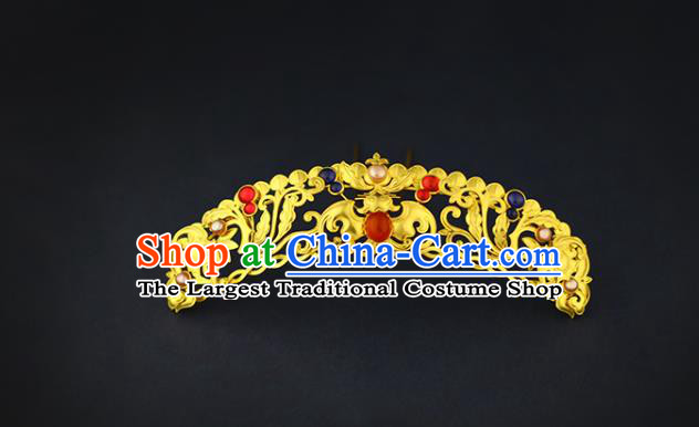 China Handmade Ming Dynasty Empress Golden Hairpin Traditional Ancient Queen Gems Hair Crown
