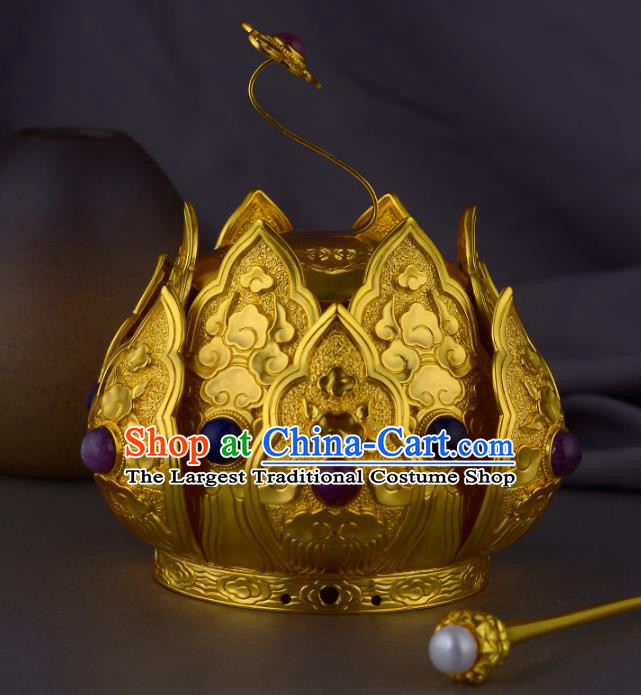 China Ancient Taoist Gems Headwear Handmade Traditional Ming Dynasty Priest Golden Lotus Hair Crown