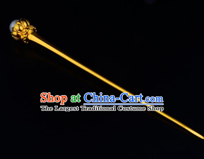 China Ancient Queen Pearl Hairpin Handmade Traditional Tang Dynasty Empress Golden Lotus Hair Stick