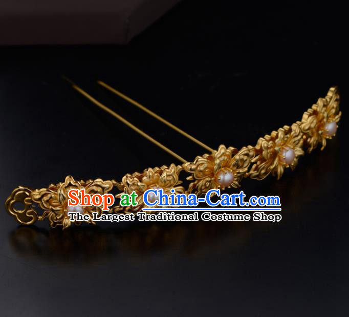 China Ancient Imperial Empress Golden Peony Hairpin Handmade Traditional Ming Dynasty Pearls Hair Stick