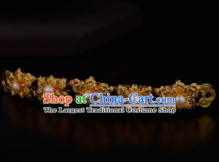 China Ancient Imperial Empress Golden Peony Hairpin Handmade Traditional Ming Dynasty Pearls Hair Stick