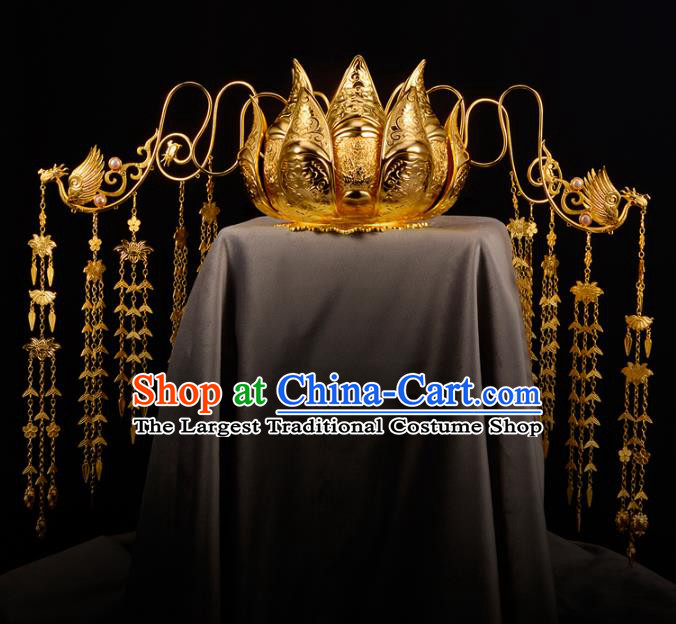 China Ancient Empress Phoenix Coronet Handmade Traditional Tang Dynasty Queen Golden Lotus Hair Crown