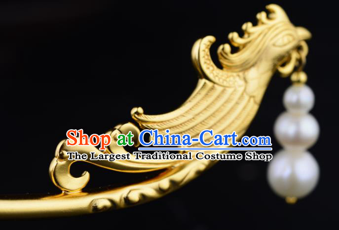 China Ancient Court Empress Golden Phoenix Hairpin Handmade Traditional Ming Dynasty Pearls Tassel Hair Stick