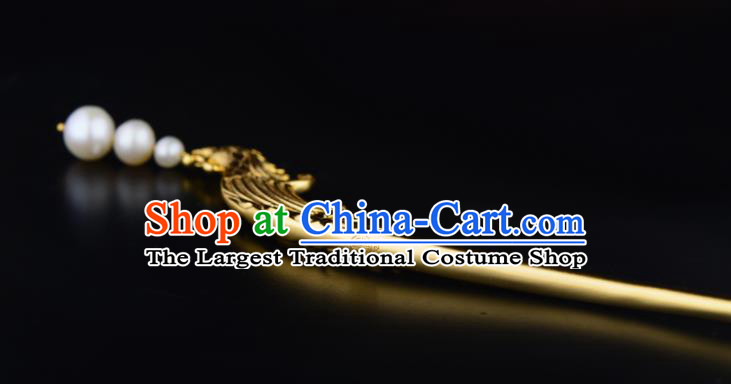 China Ancient Court Empress Golden Phoenix Hairpin Handmade Traditional Ming Dynasty Pearls Tassel Hair Stick
